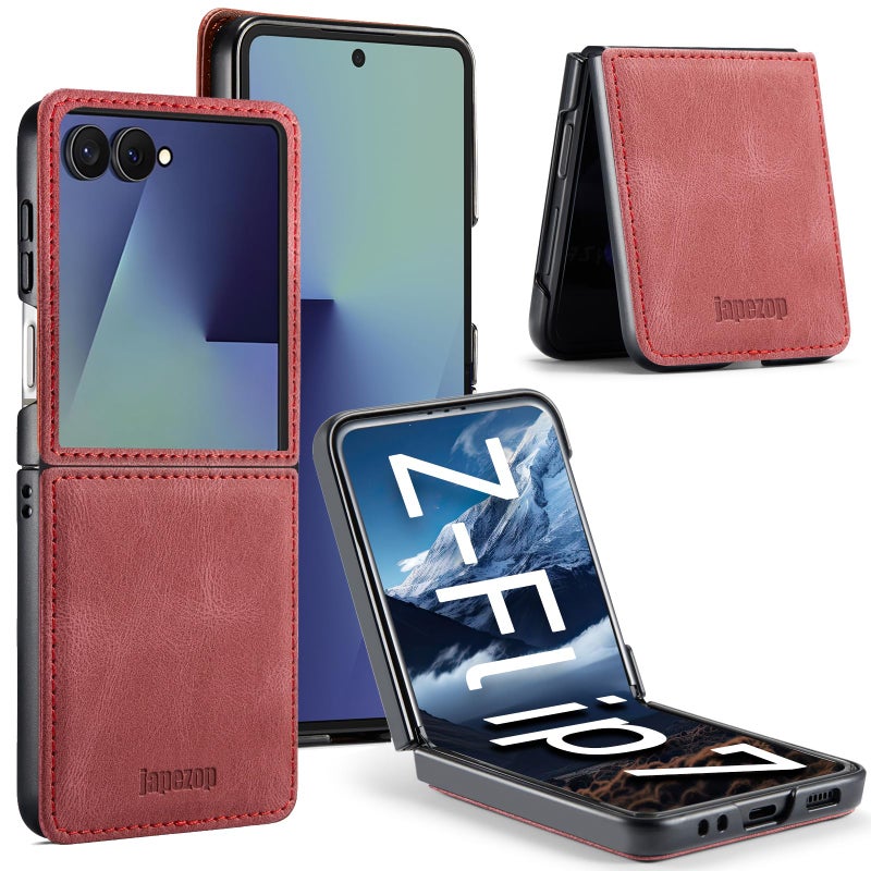 japezop Compatible with Samsung Galaxy Z Flip 7 5G CaseGalaxy Z Flip 7 Leather Flip Case with Hard Shockproof Back Cover Slim Durablefor Galaxy Z Flip 7 5G 2025 Red - Image 3