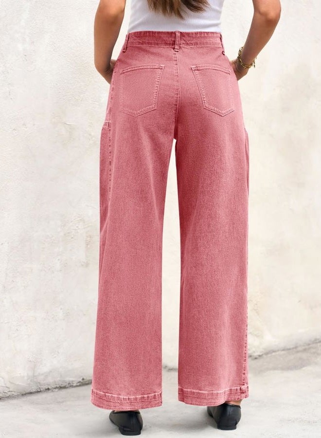 Cicy Bell Womens Wide Leg Jeans High Waisted Stretchy Baggy Loose Denim Casual Pants with Pockets, Pink, 4 - Image 3