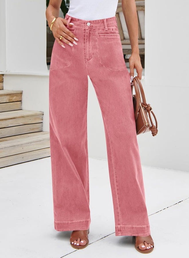 Cicy Bell Womens Wide Leg Jeans High Waisted Stretchy Baggy Loose Denim Casual Pants with Pockets, Pink, 4 - Image 2
