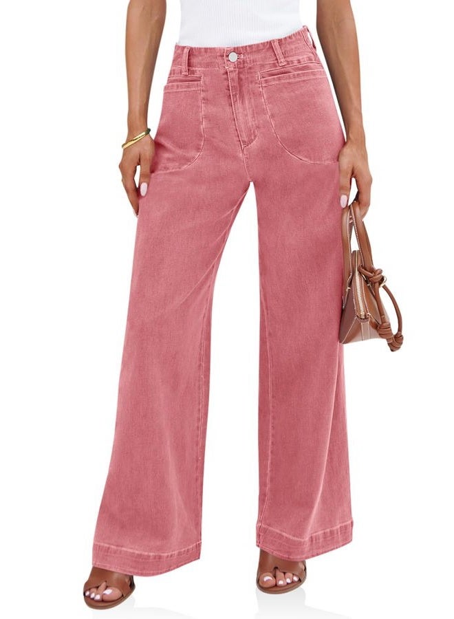 Cicy Bell Womens Wide Leg Jeans High Waisted Stretchy Baggy Loose Denim Casual Pants with Pockets, Pink, 4 - Image 1