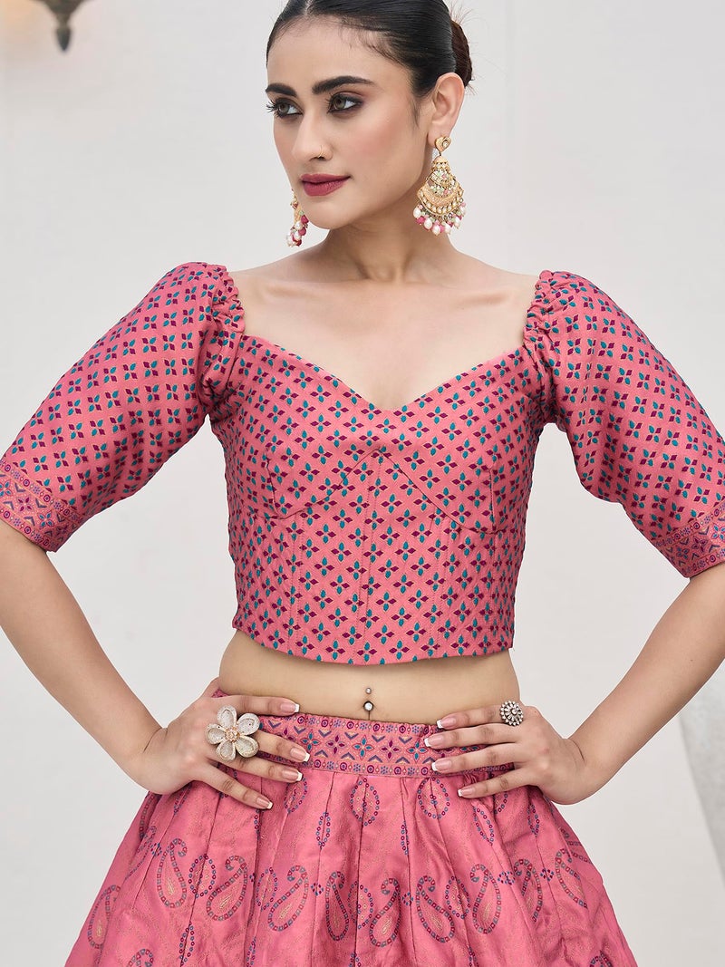 PURVAJA Women's Kanjiwaram Semi-Stitched Lehenga choli (Bahaar-Pink_Free Size) - Image 5