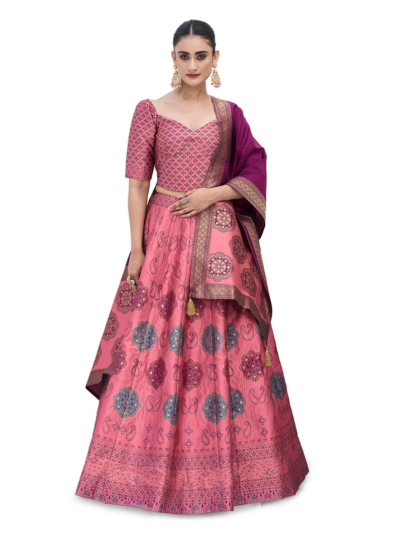 PURVAJA Women's Kanjiwaram Semi-Stitched Lehenga choli (Bahaar-Pink_Free Size) - Image 1