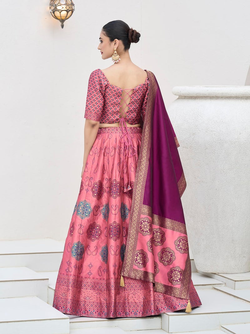 PURVAJA Women's Kanjiwaram Semi-Stitched Lehenga choli (Bahaar-Pink_Free Size) - Image 3