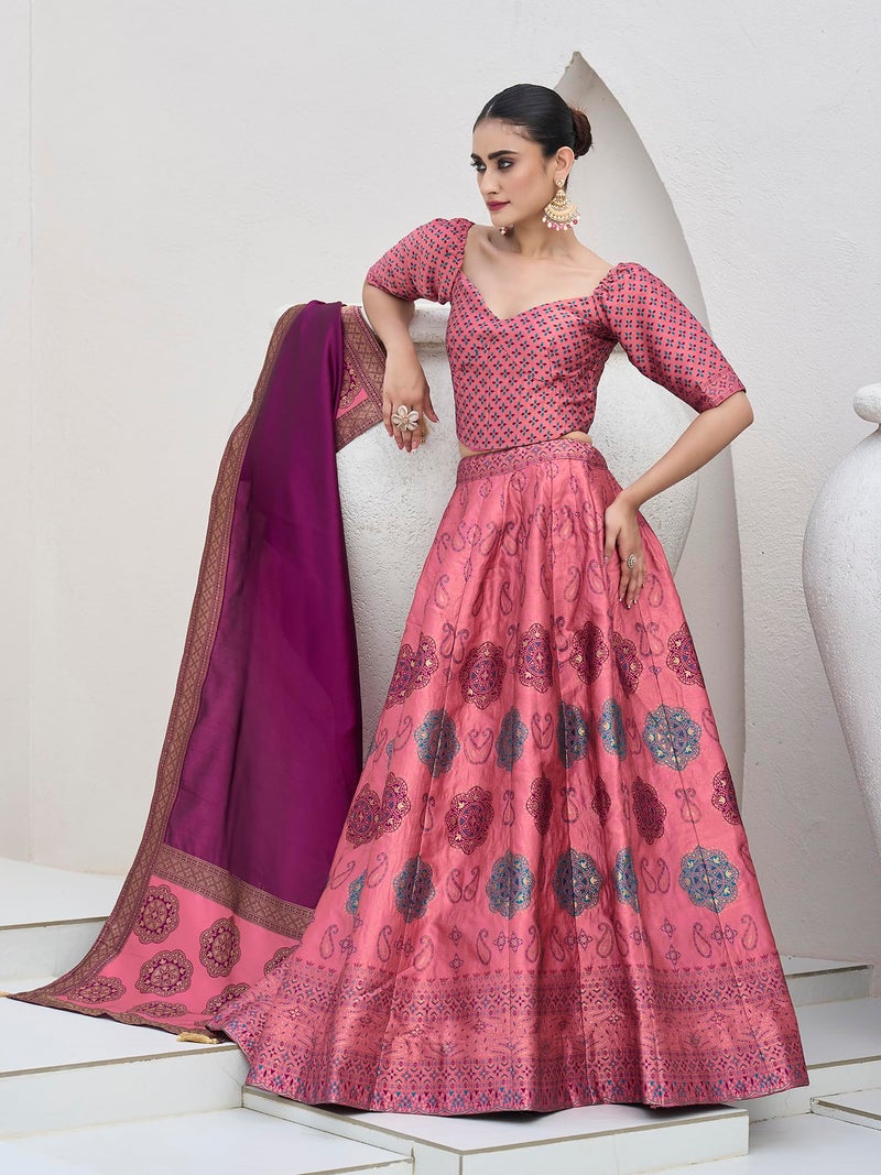 PURVAJA Women's Kanjiwaram Semi-Stitched Lehenga choli (Bahaar-Pink_Free Size) - Image 2