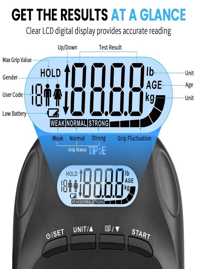TIPRE 396lbs/180kg Grip Strength Tester, Hand grip Dynamometer, Digital Grip Strength Tester with LCD Display, Adjustable Hand Grip Training Gauge, Hand Exercisers for Sports Home School Use - Black - Image 3