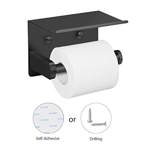 VAEHOLD Self Adhesive Toilet Paper Holder with Phone Shelf Stainless Steel Wall Mounted Toilet Paper Roll Holder - Rustproof and Bathroom Washroom Tissue Roll Holder with Shelf - Black - Image 2