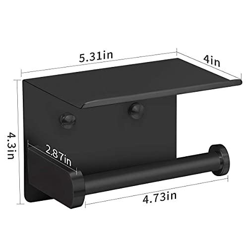 VAEHOLD Self Adhesive Toilet Paper Holder with Phone Shelf Stainless Steel Wall Mounted Toilet Paper Roll Holder - Rustproof and Bathroom Washroom Tissue Roll Holder with Shelf - Black - Image 4