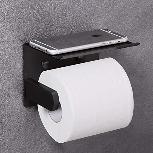 VAEHOLD Self Adhesive Toilet Paper Holder with Phone Shelf Stainless Steel Wall Mounted Toilet Paper Roll Holder - Rustproof and Bathroom Washroom Tissue Roll Holder with Shelf - Black - Image 3