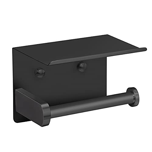 VAEHOLD Self Adhesive Toilet Paper Holder with Phone Shelf Stainless Steel Wall Mounted Toilet Paper Roll Holder - Rustproof and Bathroom Washroom Tissue Roll Holder with Shelf - Black - Image 1