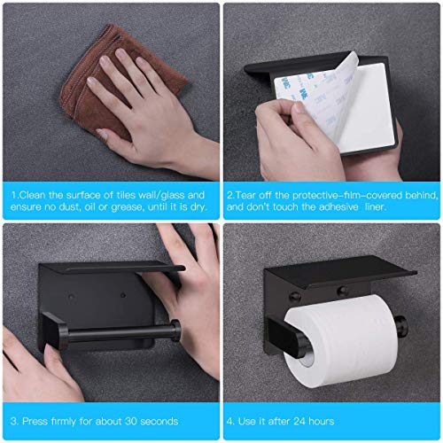 VAEHOLD Self Adhesive Toilet Paper Holder with Phone Shelf Stainless Steel Wall Mounted Toilet Paper Roll Holder - Rustproof and Bathroom Washroom Tissue Roll Holder with Shelf - Black - Image 5