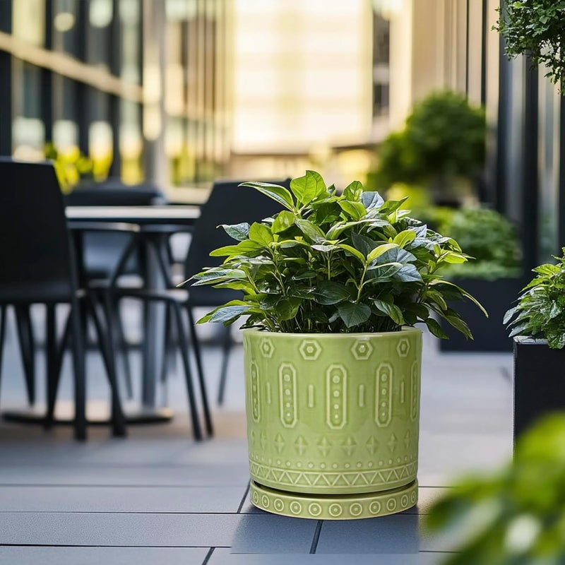 Eightpot Ceramic Planter - 12 Inch Pots for Plants Indoor Outdoor, Round Large Flower Pots with Drainage Hole and Saucer, Decorative Boho Planter, Home Office Decor, Plant Lover Gifts, Green - Image 5