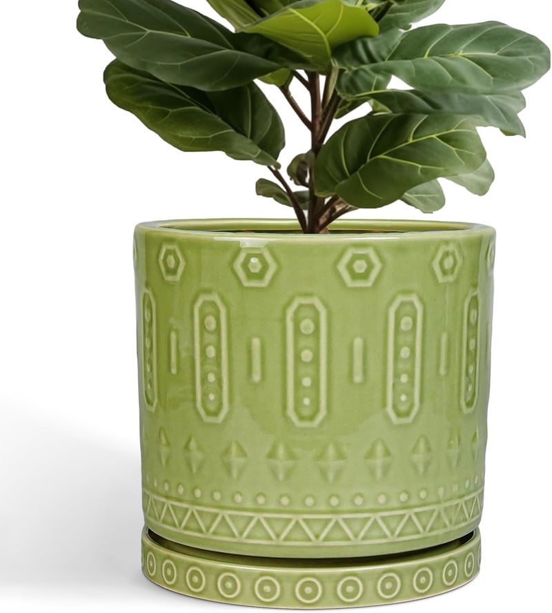 Eightpot Ceramic Planter - 12 Inch Pots for Plants Indoor Outdoor, Round Large Flower Pots with Drainage Hole and Saucer, Decorative Boho Planter, Home Office Decor, Plant Lover Gifts, Green - Image 1