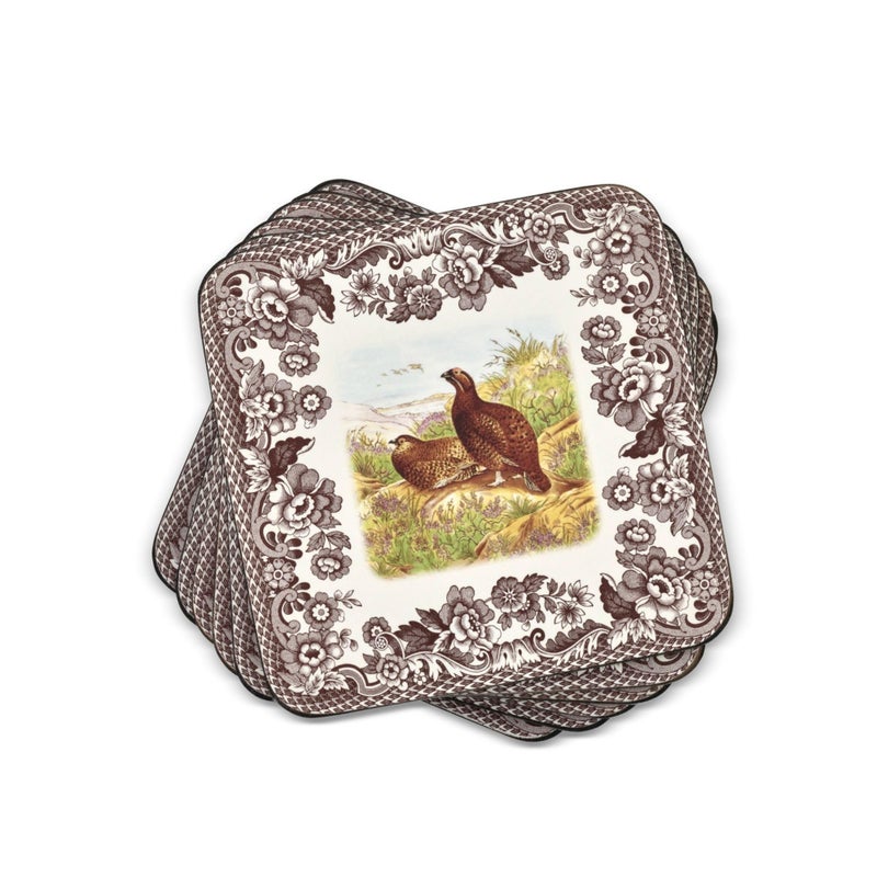 Pimpernel Spode Woodland Coasters Set of 6  Cork Backed Tabletop Protection Heat  Stain Resistant  4 x 4 Durable Decorative Tableware with Assorted Bird Motifs for ThanksgivingCabin