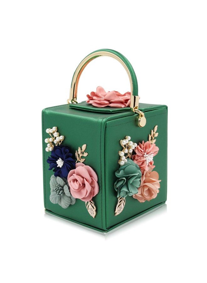 Milisente Evening Clutch Bag for Women Floral Square Box Evening Bags Crossbody Shoulder handBags Flower Wedding Clutch Purse, Green, Medium - Image 1