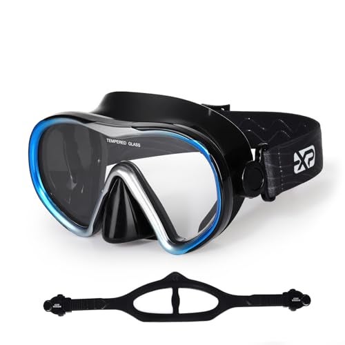 EXP VISION Scuba Diving Mask for Adults AntiFog Swim Mask Wide View Swimming Goggles with Nose Cover Professional Tempered Glass Lens Snorkeling Goggles Gear with Fabric Strap for Men Women Blue - Image 1