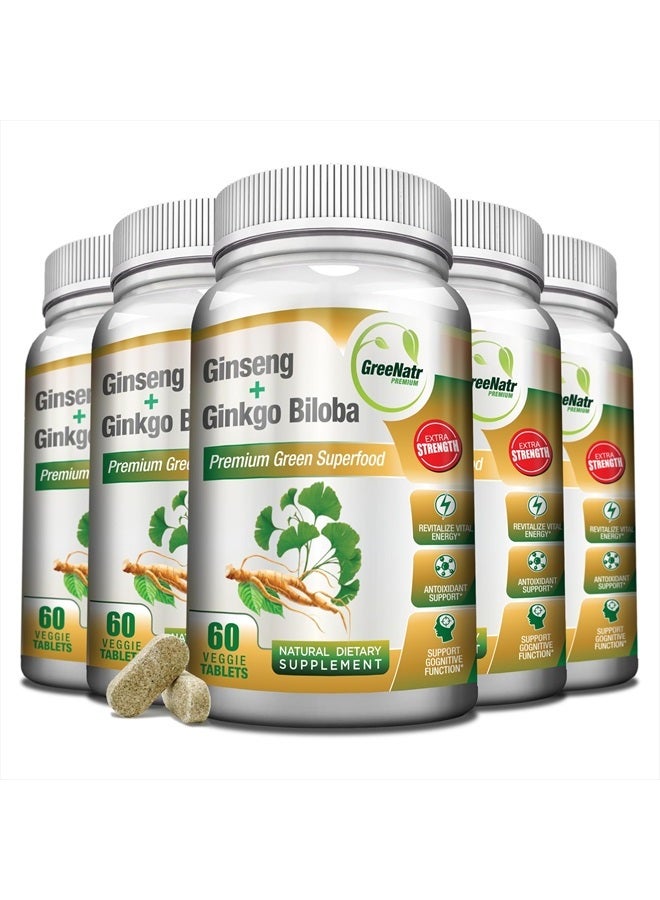 GreeNatr Panax Ginseng and Ginkgo Biloba. Traditional Energy Booster and Brain Sharpener. Unique Twin Supplement with Korean Red Ginseng Root and Ginko Biloba Leaf Extract - 360 Tablets (6 Bottles) - Image 1