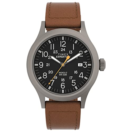 Timex Men's Expedition Scout 40mm Watch – Gray Case Black Dial with Brown Ecco DriTan Leather Strap - Image 1