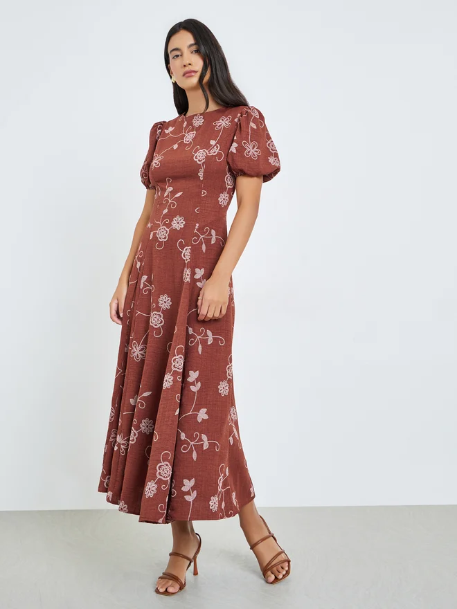 Styli  Styli Rust Floral Puff Sleeves Maxi Dress for Women | Best Price UAE
