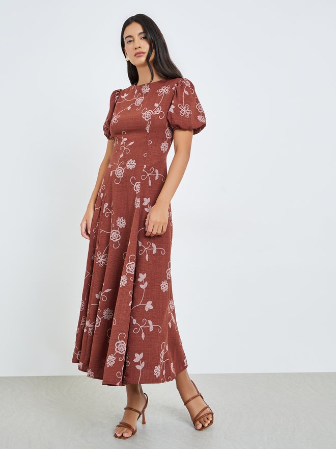 Styli Rust Floral Puff Sleeves Maxi Dress - Image 3