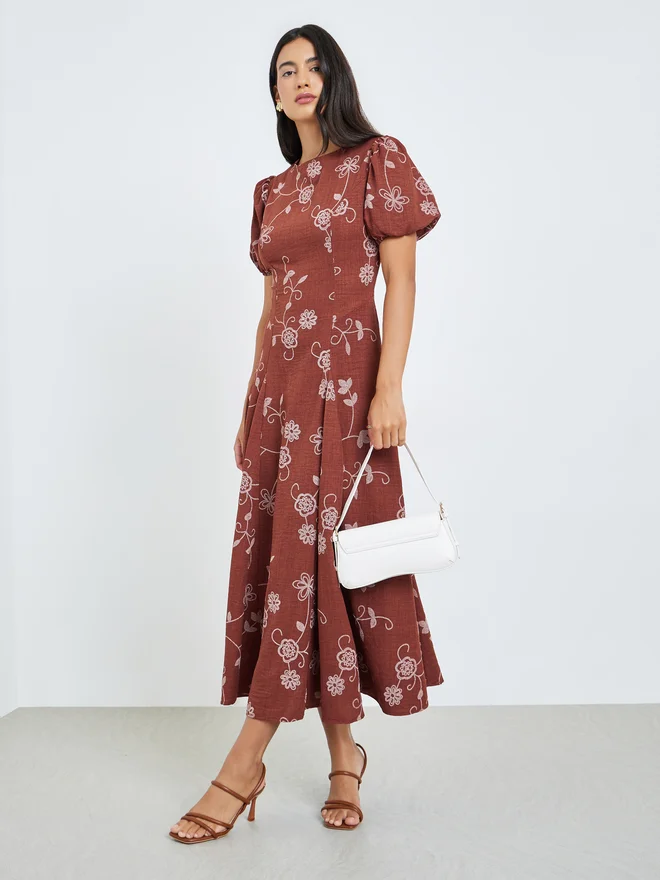 ستايلي Styli Rust Floral Puff Sleeves Maxi Dress
