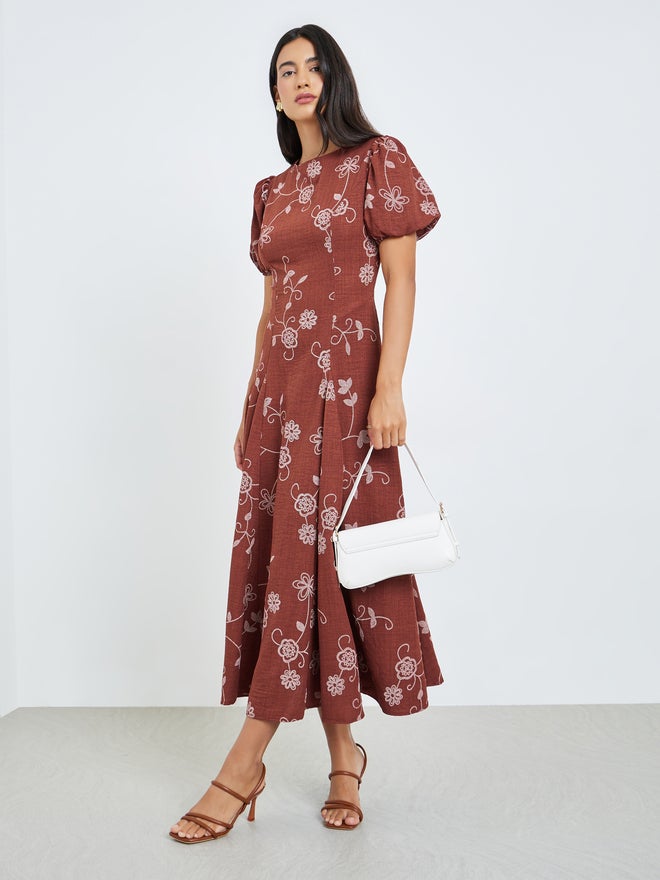 Styli Rust Floral Puff Sleeves Maxi Dress - Image 1