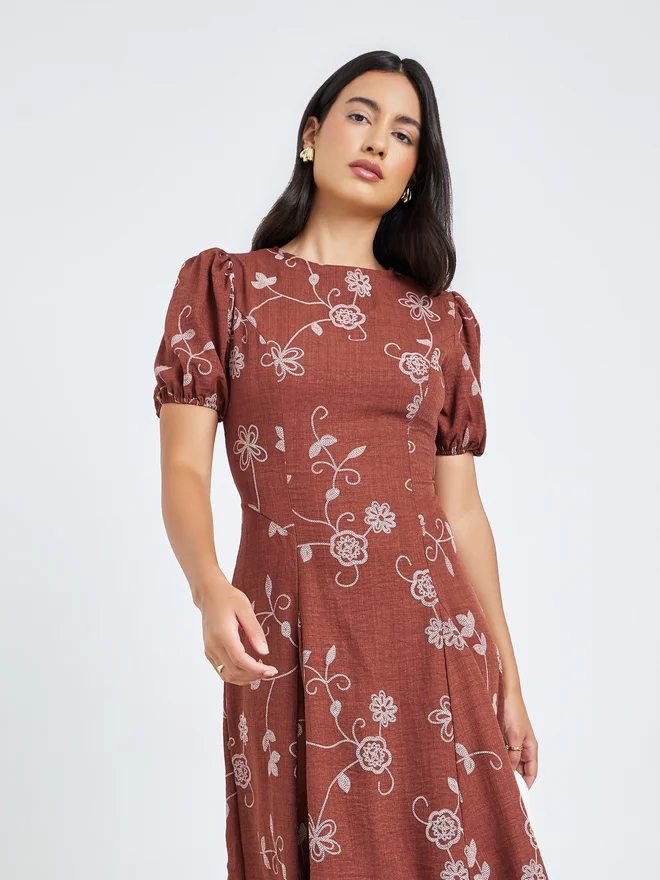 ستايلي Styli Rust Floral Puff Sleeves Maxi Dress