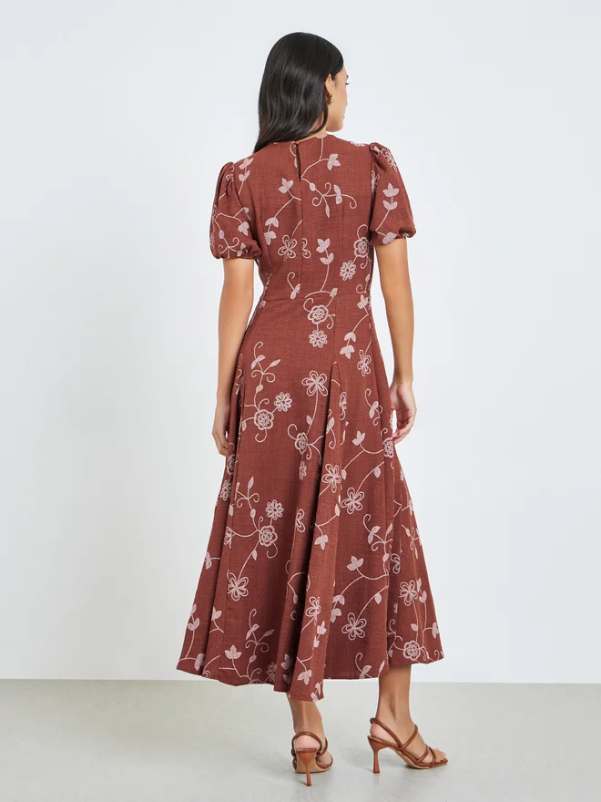 Styli  Styli Rust Floral Puff Sleeves Maxi Dress for Women | Best Price UAE
