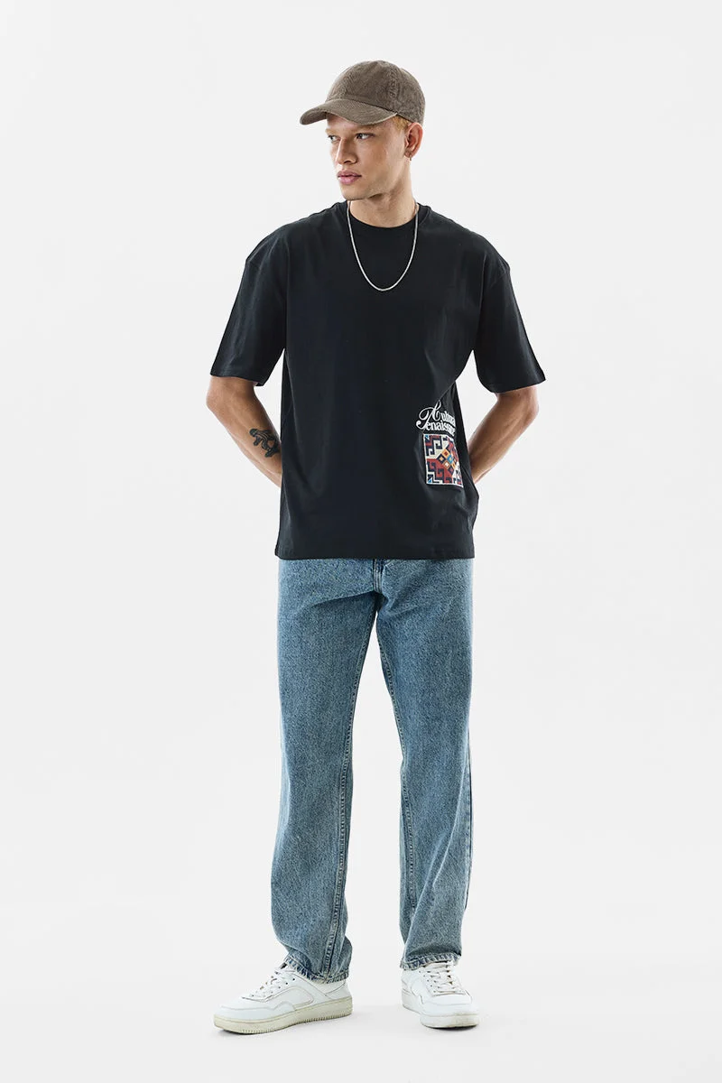 SNITCH Black Graphic Half Sleeve Oversized T-Shirt