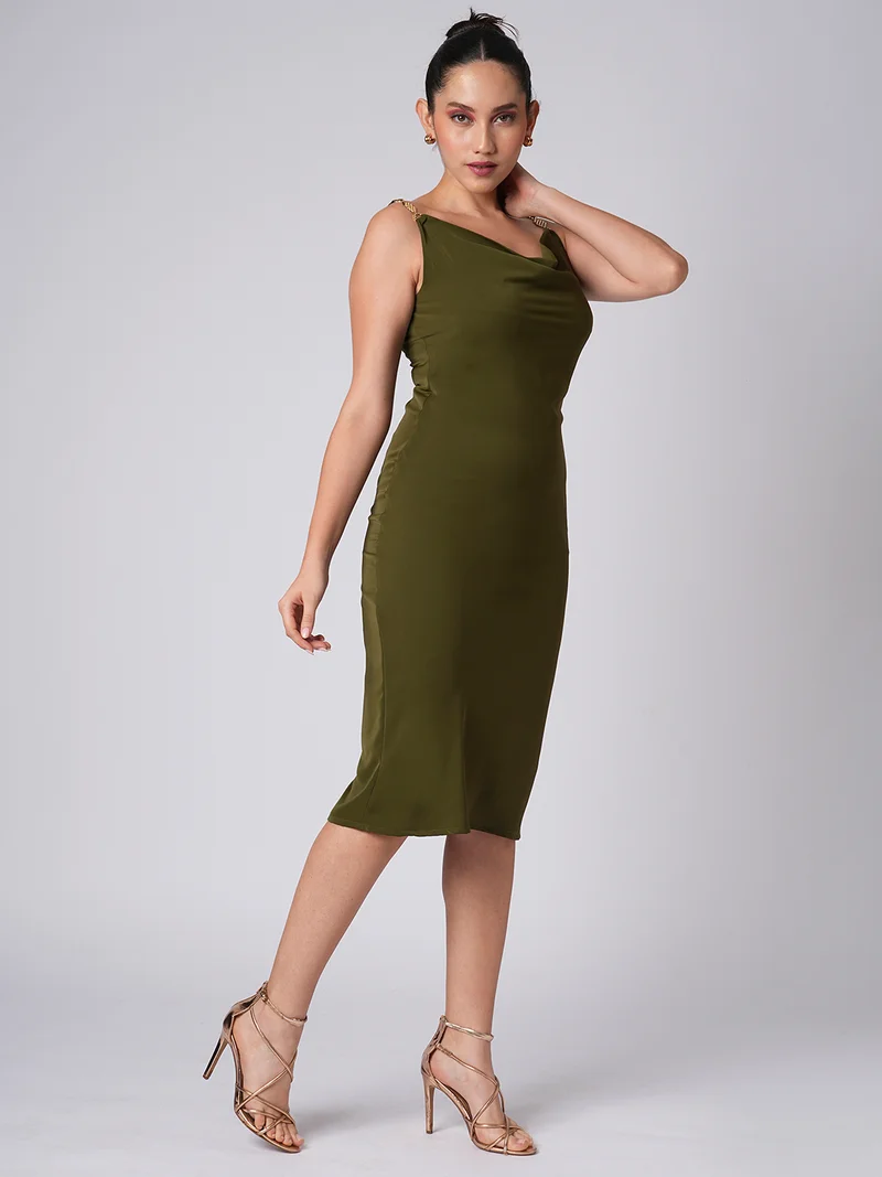 globus Women Cowl Neck Buckle Detail Shoulder Straps Solid Satin Midi Bodycon Party Dress