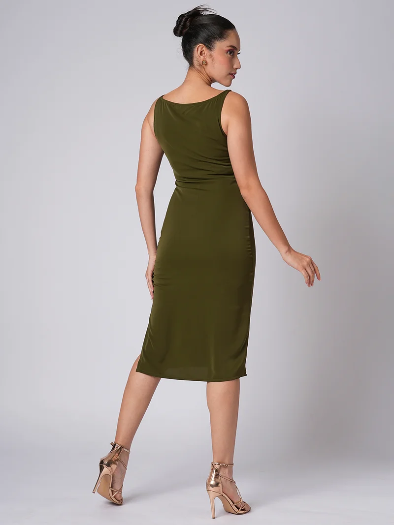 globus Women Cowl Neck Buckle Detail Shoulder Straps Solid Satin Midi Bodycon Party Dress