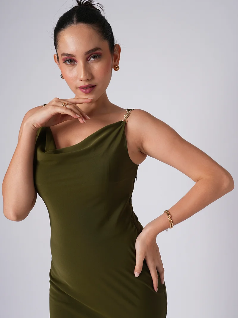 globus Women Cowl Neck Buckle Detail Shoulder Straps Solid Satin Midi Bodycon Party Dress
