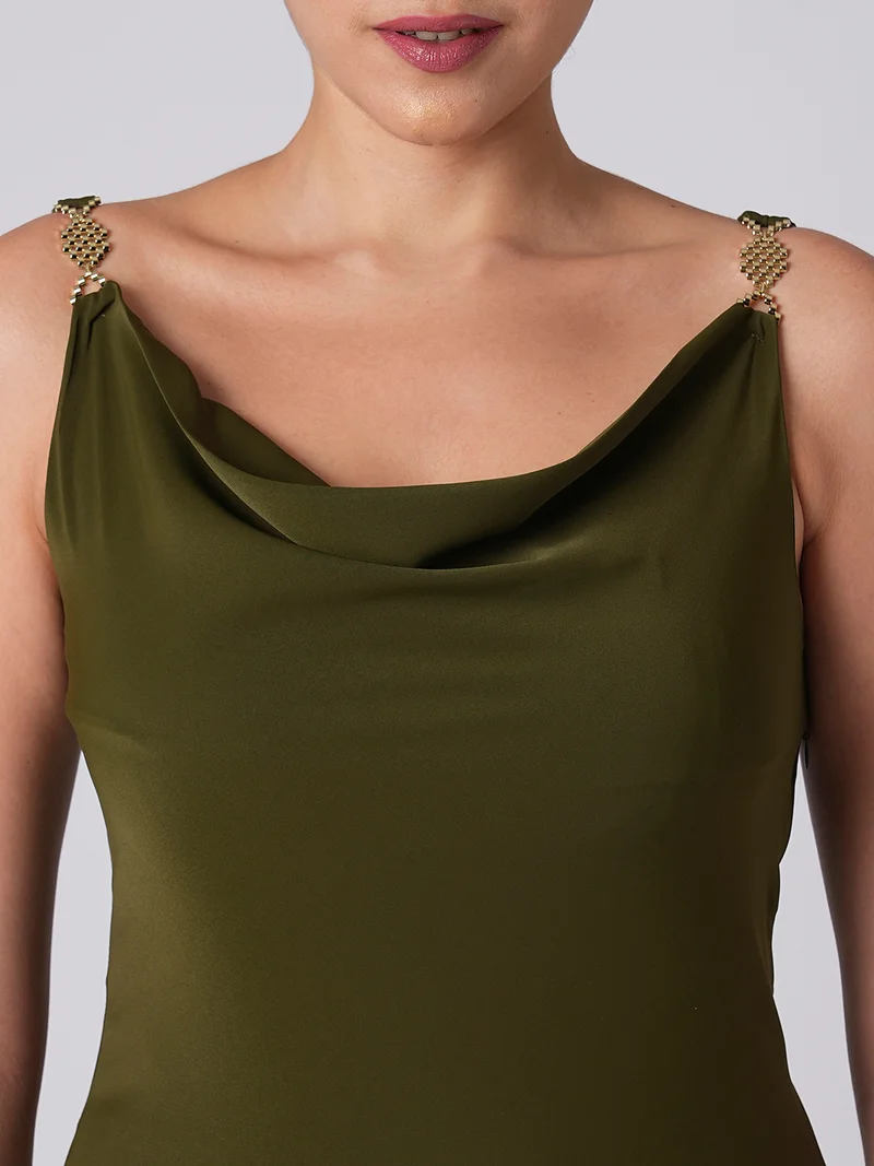 globus Women Cowl Neck Buckle Detail Shoulder Straps Solid Satin Midi Bodycon Party Dress
