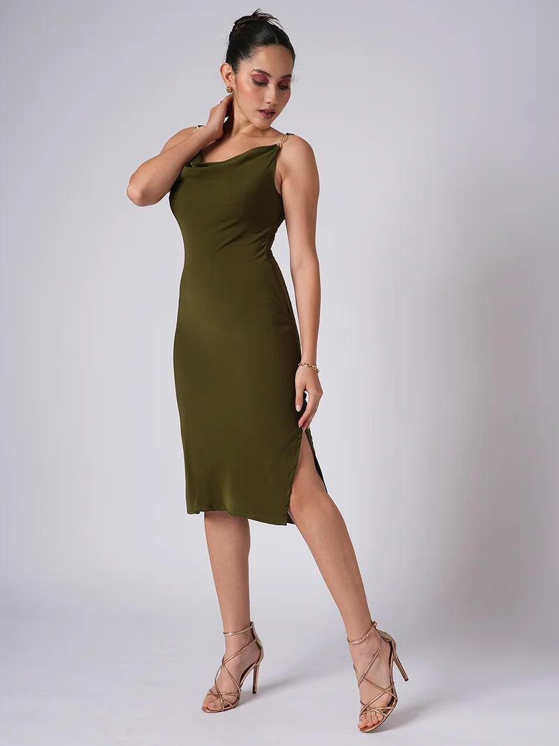 globus Women Cowl Neck Buckle Detail Shoulder Straps Solid Satin Midi Bodycon Party Dress