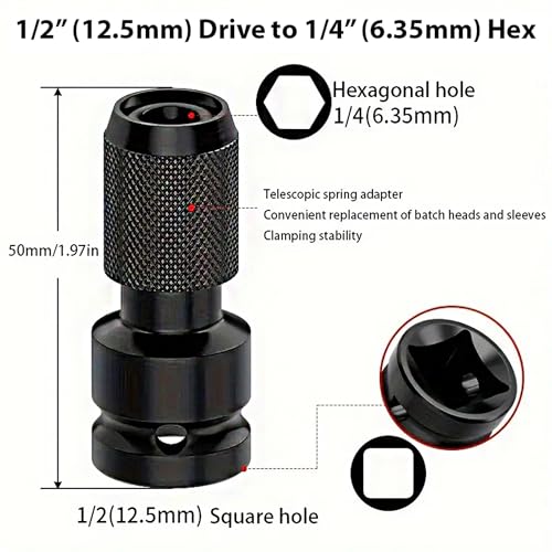 JPT Quick Release Impact Bit Holder, 1/2-Inch Square Drive to 1/4-Inch Hex Socket Adapter, Rapid Release Converter for Impact Wrench - Image 4