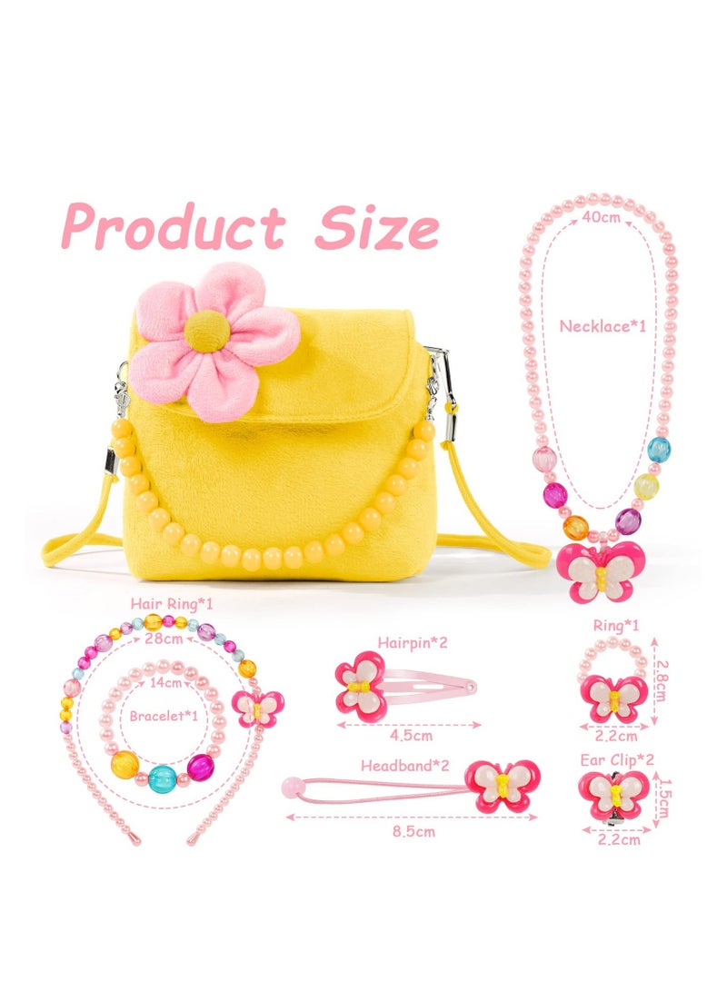 Kids Jewelry Set, Flower Crossbody Bag Purse Gift, Children Yellow Handbag with Butterfly Necklace Bracelet Rings Earrings, Princess Role Play Dress Up Jewelry Accessories Party Favors  - Image 2