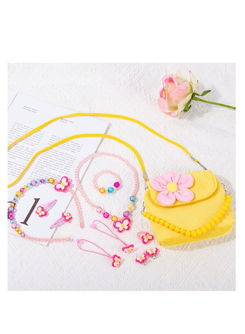 Kids Jewelry Set, Flower Crossbody Bag Purse Gift, Children Yellow Handbag with Butterfly Necklace Bracelet Rings Earrings, Princess Role Play Dress Up Jewelry Accessories Party Favors  - Image 5