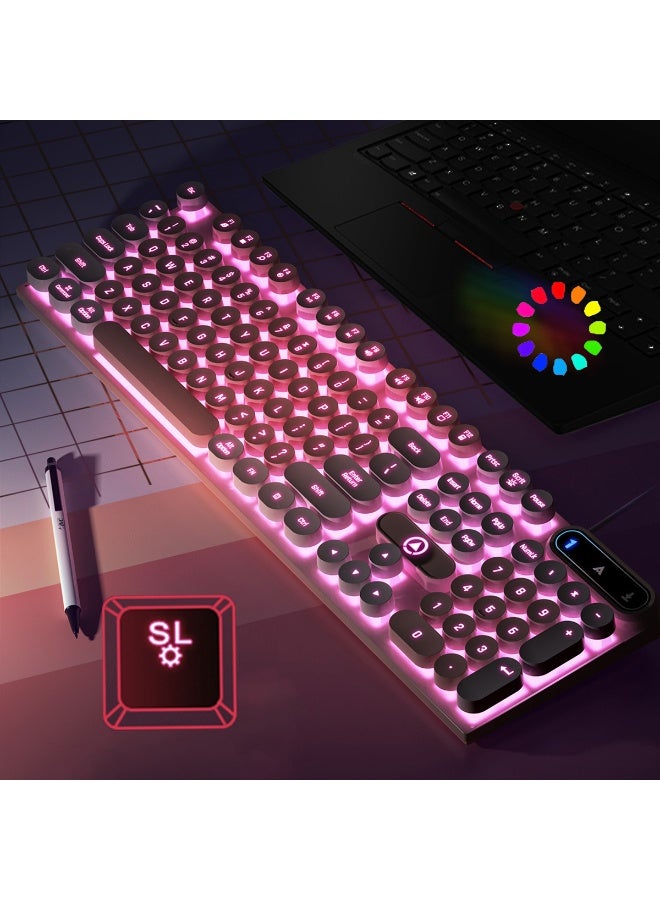 ACYYH Retro Round Keycap Gaming Keyboard with LED Backlight, USB Wired, Pink - Image 4