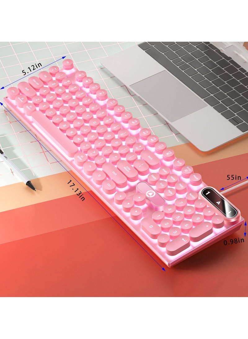 ACYYH Retro Round Keycap Gaming Keyboard with LED Backlight, USB Wired, Pink - Image 2