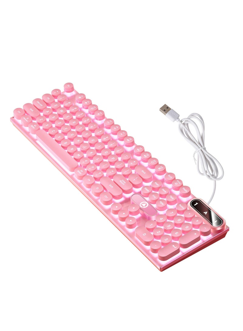 ACYYH Retro Round Keycap Gaming Keyboard with LED Backlight, USB Wired, Pink - Image 1