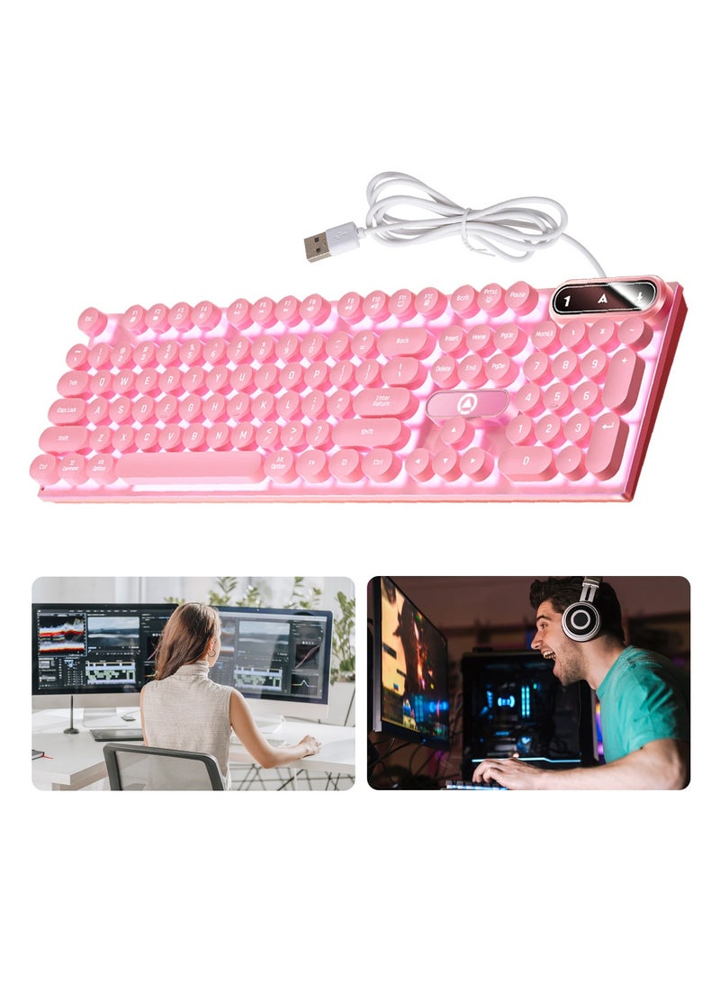 ACYYH Retro Round Keycap Gaming Keyboard with LED Backlight, USB Wired, Pink - Image 3