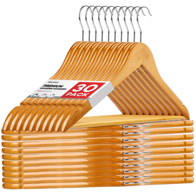 ZENOWICK Wooden Hangers 30 Pack, Heavy Duty Wood Hangers for Coats, Suits, Jackets, Closet & Pants Durable Premium Wood Hangers with 360-Degree Rotatable Hook and Notches, Natural - Image 1