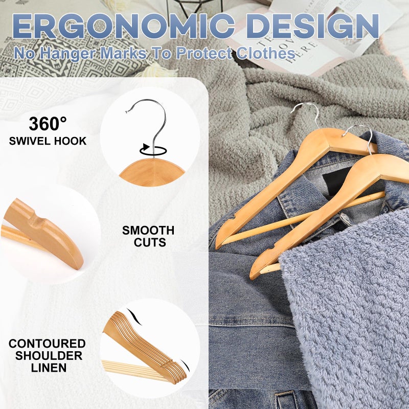 ZENOWICK Wooden Hangers 30 Pack, Heavy Duty Wood Hangers for Coats, Suits, Jackets, Closet & Pants Durable Premium Wood Hangers with 360-Degree Rotatable Hook and Notches, Natural - Image 4