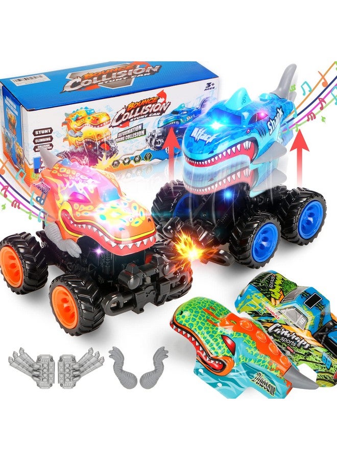 KKmon Exploding Monster Truck Toy With Interchangeable Dinosaur And Shark Bodies, Lights & Sounds,2 Pack Of Light Up Monster Truck For Boys Age 3 And 4-7,Toddler Car Toys Gift - Image 1