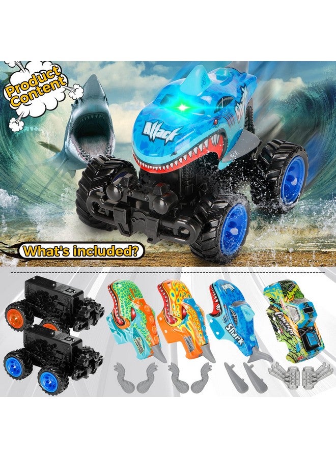 KKmon Exploding Monster Truck Toy With Interchangeable Dinosaur And Shark Bodies, Lights & Sounds,2 Pack Of Light Up Monster Truck For Boys Age 3 And 4-7,Toddler Car Toys Gift - Image 2