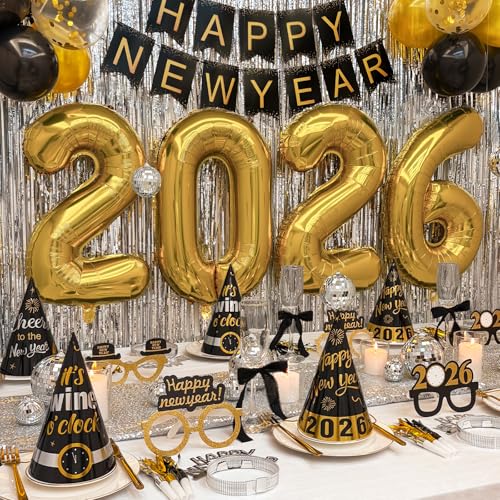 ORIENTAL CHERRY New Years Eve Party Supplies 2026 Happy New Year Decorations Kit Set of 50 Includes Banner Hats Ribbon GlassesTiaras Balloons Squawkers and Fringe Curtains Accessories for Kids Party Decor - Image 1
