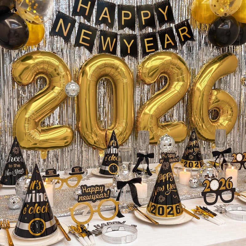 ORIENTAL CHERRY New Years Eve Party Supplies 2026 Happy New Year Decorations Kit Set of 50 Includes Banner Hats Ribbon GlassesTiaras Balloons Squawkers and Fringe Curtains Accessories for Kids Party Decor - Image 2