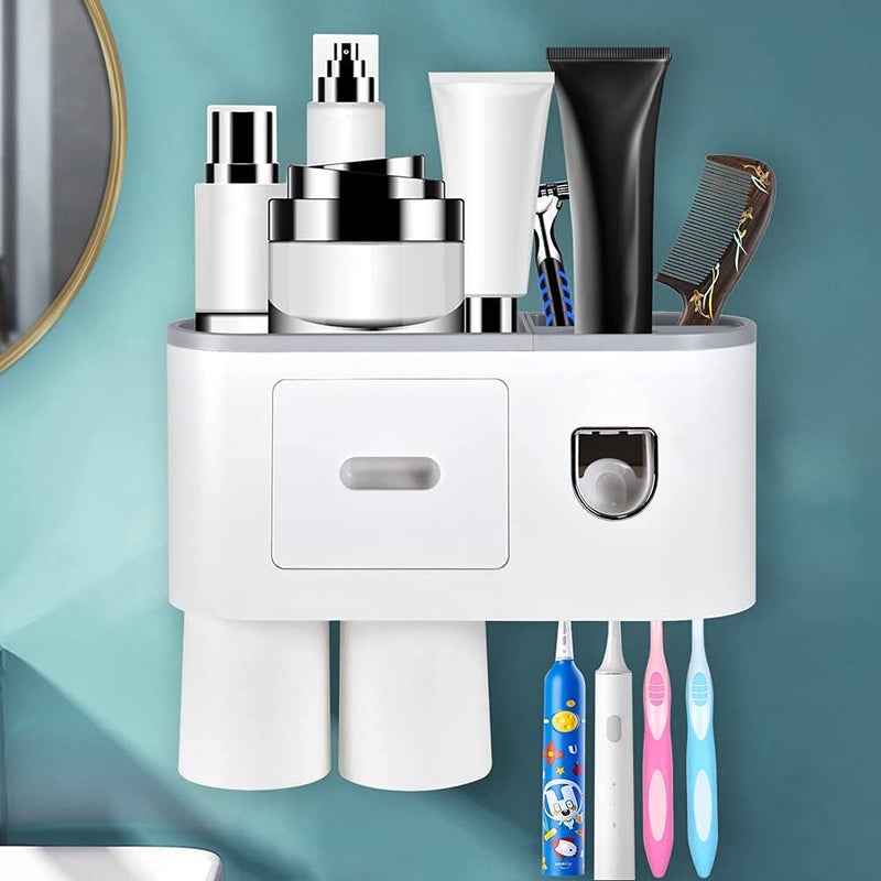 AMULAKH Toothbrush Holder with Cosmetic Drawer Organizer and Toothbrush Rack Integrated with Automatic Toothpaste Dispenser Space Saving with Magnetic Cup Design Toothpaste2 Cups - Image 1