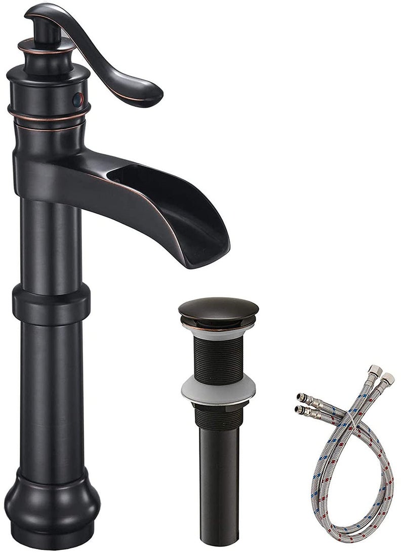 Bathfiness Bathroom Faucets Oil Rubbed Bronze Waterfall Farmhouse Tall Above Counter Faucet for Bathroom Sink 1 Hole Single Handle with Pop Up Drain Stopper Supply Lines