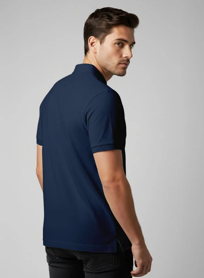 FERVORO Men Navy Blue Cotton Polo with Pocket