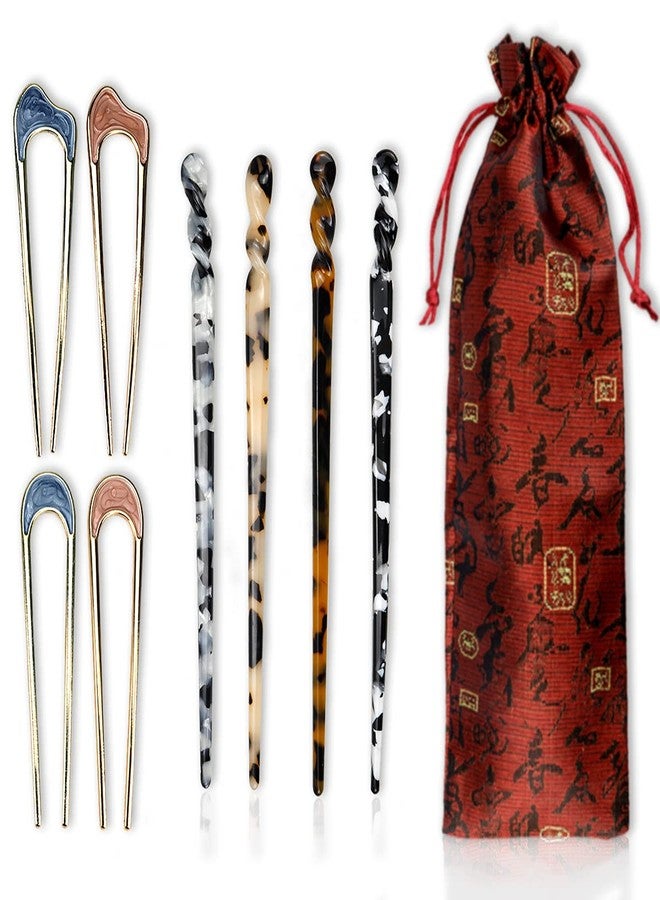 FERCAISH Acetate Hair Sticks Set Vintage Hairstyle Tortoise Shell Hairpins Leopard Printed Chopsticks Hair Stick Metallic U shape Hair Pin Fork Sticks Accessories for Women and Girls - Image 1